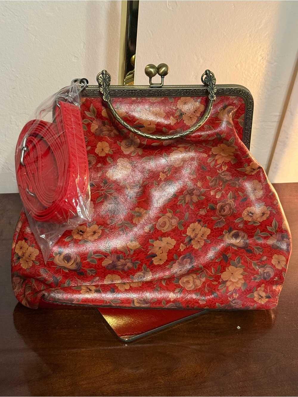 Patricia Nash Red Floral Frame Satchel with Removable Strap